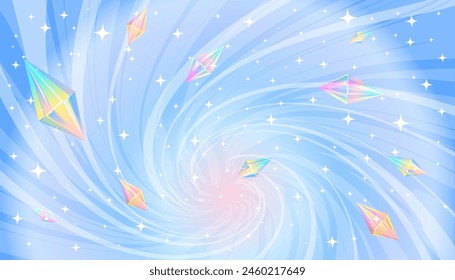 Blue swirl background of sparkling magic, rainbow jewels. Vector image for holiday decoration, fairy tale, adventure, concert, children's party, birthday for a girl.