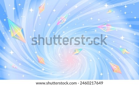 Blue swirl background of sparkling magic, rainbow jewels. Vector image for holiday decoration, fairy tale, adventure, concert, children's party, birthday for a girl.