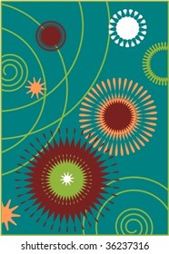Blue Swirl Background Vector with star bursts and curls in red and green accent colors