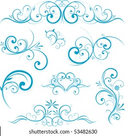 Blue swirling flourishes floral elements