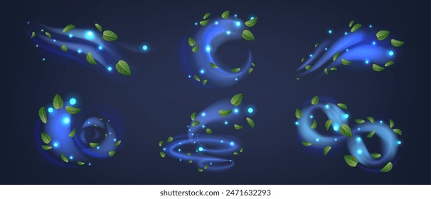 Blue Swirling Patterns Illuminated With Glowing Lights And Accented By Green Peppermint Leaves. Realistic 3d Vector