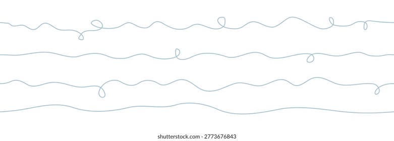 Blue swirly squiggly thin line borders. Seamless abstract curvy line set. Twisting flowing lines.