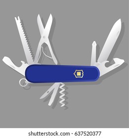 Blue Swiss Army Knife; Blue Multi-tool, Multipurpose Penknife Isolated Vector 