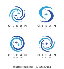 Blue swoosh cleaning logo set with sparkling star icon