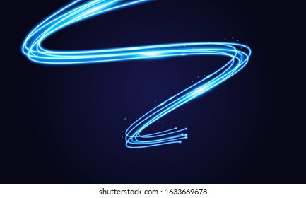 Blue swoosh neon wave over dark background. Shimmering waves with light effect and star dust trail. Blue swoosh design for web and print