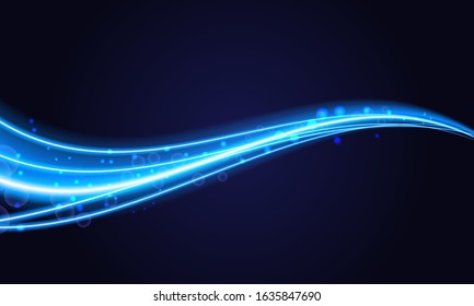 Blue Swoosh Neon Wave Over Dark Background. Shimmering Waves With Light Effect And Star Dust Trail. Blue Swoosh Design For Web And Print