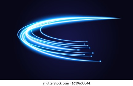 Blue swoosh neon wave over dark background. Shimmering waves with light effect and star dust trail. Blue swoosh design for web and print