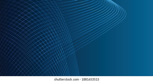 Blue swoosh neon wave over dark blue background. Shimmering waves with light effect and star dust trail. Blue wavy design for web and print