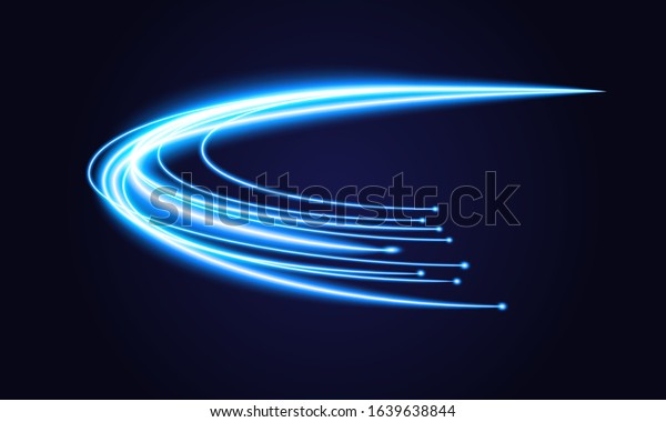 Blue swoosh neon wave over dark background.\
Shimmering waves with light effect and star dust trail. Blue swoosh\
design for web and print