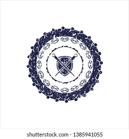 Blue swords crossed with shield icon inside distressed grunge seal