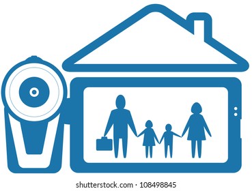 blue symbol home video with family and video camera silhouette