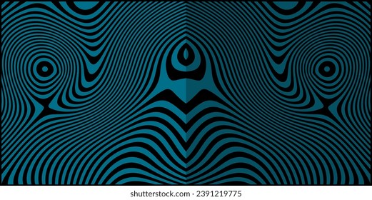 Blue symmetrical abstract poster design with optical interference and liquid effect . Illusion of movement for banner, flier, invitation, cover, business card. Vector illustration