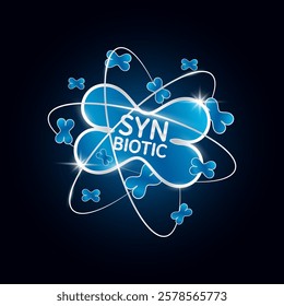 Blue synbiotic bacteria in silver atom molecule shine. Modern packaging badge logo on dark background. Good bacterial flora for stomach and intestine. For design product label. Vector EPS10.