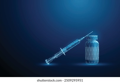 Blue syringe lying on a bottle. Medical vaccination, insulin injection, treatment concept. Low poly style. Abstract geometric background. Wireframe hologram structure. Modern blue 3d graphic. Vector.