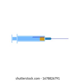 Blue syringe with needle isolated on white. Injection. Flat design. Cartoon style. Pharmacy and health care. Medication, pharmaceutical concept. Antibiotic therapy. Pneumonia and coronavirus treatment