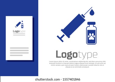 Blue Syringe With Pet Vaccine Icon Isolated On White Background. Dog Or Cat Paw Print. Logo Design Template Element. Vector Illustration