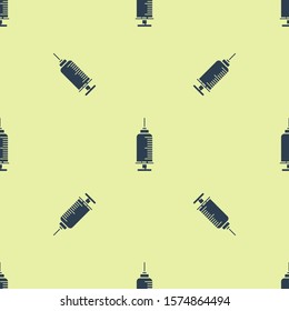 Blue Syringe with pet vaccine icon isolated seamless pattern on yellow background. Dog or cat paw print.  Vector Illustration