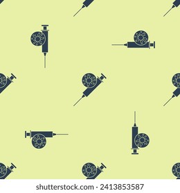 Blue Syringe and virus icon isolated seamless pattern on yellow background. Syringe for vaccine, vaccination, injection, flu shot. Medical equipment.  Vector Illustration