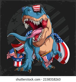 Blue t rex dinosaur roaring wearing USA flag and sunglasses for 4th of July the us independence day