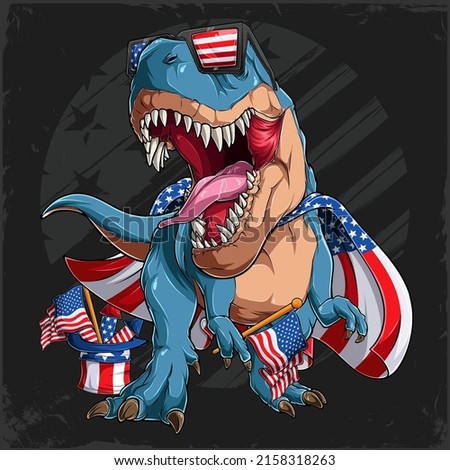 Blue t rex dinosaur roaring wearing USA flag and sunglasses for 4th of July the us independence day