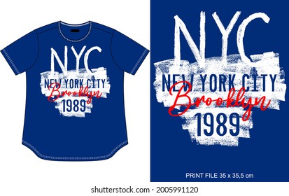 blue t shirt design, nyc words, grunge texture, white and red print, clothing apparel.