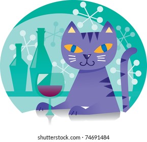 blue tabby cat drinks wine