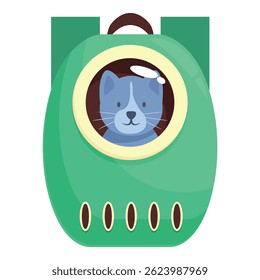 Blue tabby cat is enjoying a safe and comfortable journey in a green carrying backpack