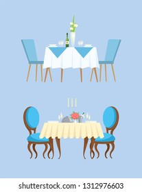 Blue table for couple serving with plates, filled champagne and empty glasses and bottle. Board with chairs decorated by empty dishes and flowers vector