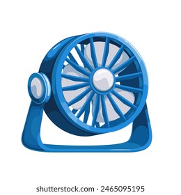 Blue table fan on stand, cartoon electric appliance. Portable small desk blower with propeller, indoor ventilation and air circulation mascot, cartoon fan to ventilate room vector illustration