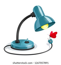 Blue table lamp with black element and yellow light bulb look at red butterfly. Cartoon character. Isolated on white background. EPS10 vector illustration.