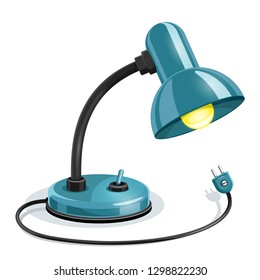 Blue table lamp with black element and yellow light bulb. Isolated on white background. EPS10 vector illustration.