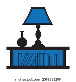 Blue Table Lamp with Bookshelf and Vase Silhouettes on White Background