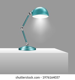 Blue table lamp with the light on. Adjustable aluminum desk lamp. Vector illustration