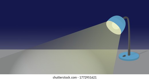 la lámpara de mesa azul con un interruptor está encendida en la mesa y ilumina la superficie de la mesa, la ilustración en estilo plano, la vista frontal
