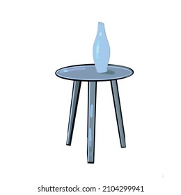 blue table on which there is a vase, hand-drawn vector lines on a white background. Vector sketch