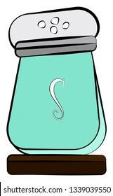 Un agitador de sal de mesa azul con signo S que representa Salt en base marrón base dibujo o ilustración de color vectorial 