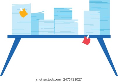 Blue table stacked papers folders. Office work environment overwhelmed paperwork. Organization concept document piles desks