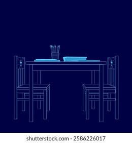 A blue table with two chairs and a book on it. The chairs are empty. The table is set for a meal