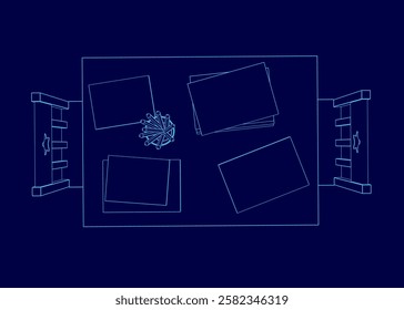 A blue table with two chairs and a pencil holder. The table is set up for a child to do homework. Top view