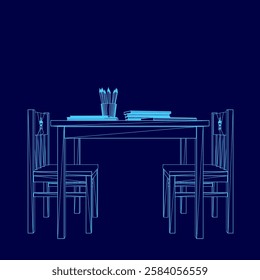 A blue table with two chairs and a pencil holder. The table is set up for a child to do their homework