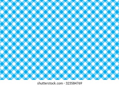 Blue tablecloth diagonal background seamless pattern. Vector illustration of traditional gingham dining cloth with fabric texture. Checkered picnic cooking tablecloth.