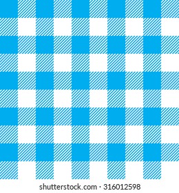 Blue tablecloth seamless pattern. Vector illustration of traditional gingham dining cloth with fabric texture. Checkered picnic cooking tablecloth.