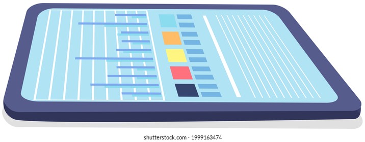 Comprimido azul con diagrama, tabla de color y líneas en pantalla. Herramienta moderna para trabajar sobre fondo blanco. Equipo de análisis de información para reuniones de negocios en la oficina. Dispositivo móvil digital, gadget