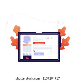 Blue tablet digital screen with chat messages bubbles on abstract floral background. Online social communication and network icon, messenger design template. Vector isolated illustration.