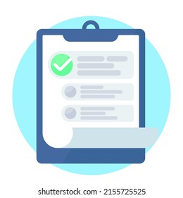 Blue tablet with to do list, one check mark, on blue circle. Clipboard or to do list with tick. Flat design. Page of work performed, preparation of the questionnaire, filling out documents