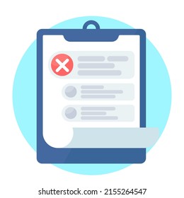 Blue tablet with to do list, sign not done, on blue circle. Clipboard or to do list with tick. Flat design. Page of work not performed, preparation of the questionnaire, filling out documents