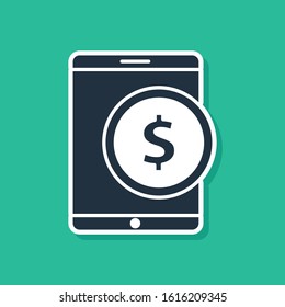 Blue Tablet with dollar symbol icon isolated on green background. Online shopping concept. Financial mobile phone. Online payment.  Vector Illustration