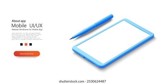 Uma mesa digitalizadora azul e caneta digitalizadora correspondente, lado a lado, isoladas em um fundo branco. Ideal para ilustrar dispositivos digitais, tecnologia e criatividade na era moderna. Ilustração vetorial