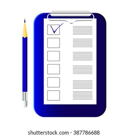 Blue tablet paper with text and with letters  and blue pencil on a white background.  Can be used as a background on a web site, template, texture, icons.