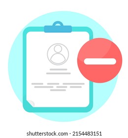 Blue tablet with personal file, card, patient file. customer, user and sign of minus on red сircle. concept illustration. flat design vector eps 10, simple and modern graphic element for app or web ui